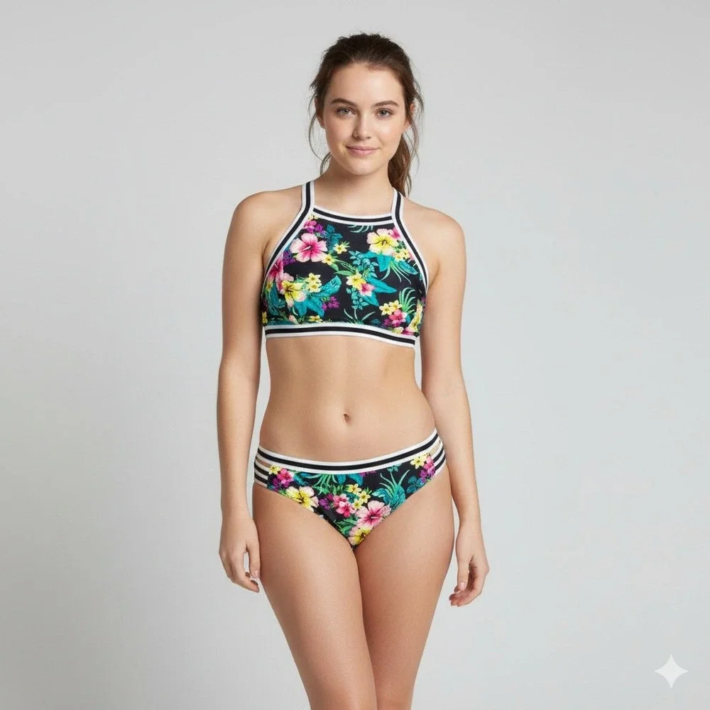 XHILARATION High Neck Halter Bikini Set Black Floral Tropical‎ Print Womens L